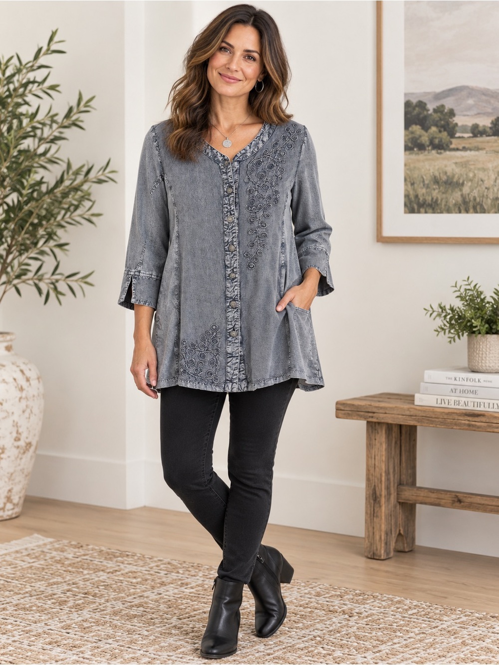 Parsley & Sage Small Mineral Wash Embroidered Boho Tunic Button Front